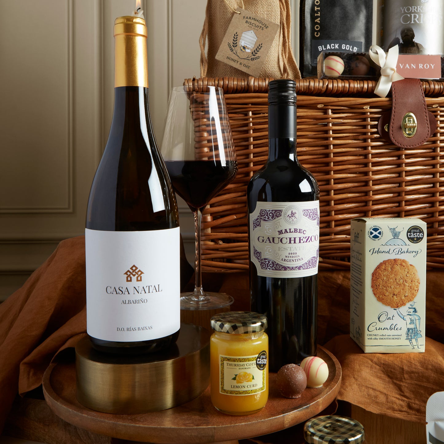 Close up of products in The Regency Hamper, a luxury gift hamper from hampers.com UK