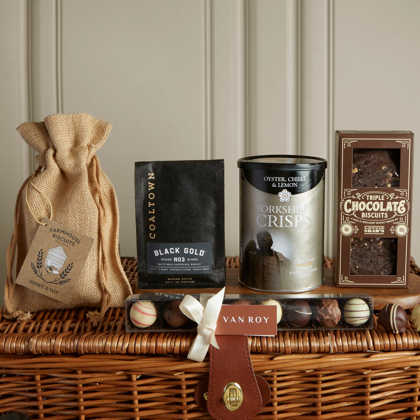 Close up of products in The Regency Hamper, a luxury gift hamper from hampers.com UK