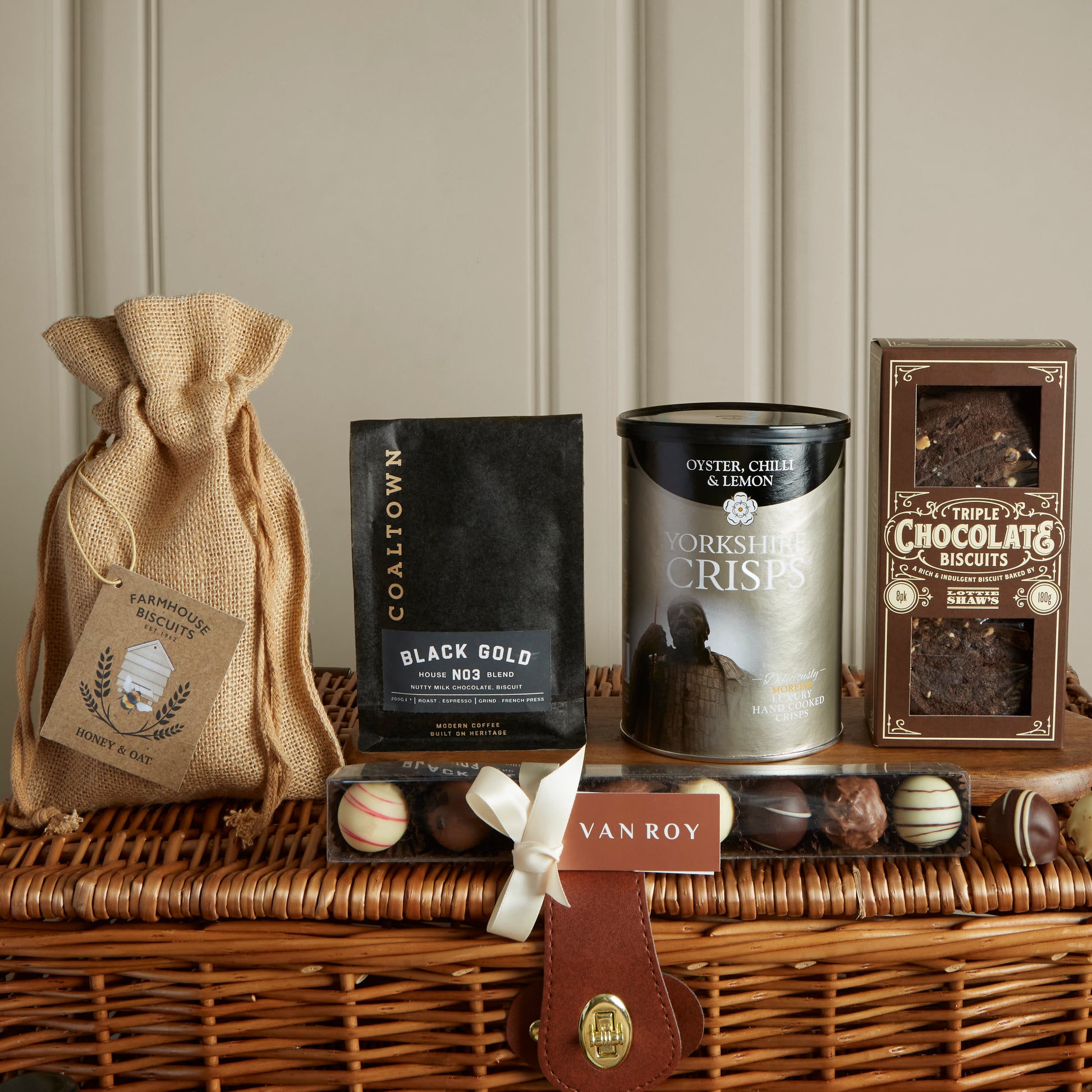 Close up of products in The Regency Hamper, a luxury gift hamper from hampers.com UK