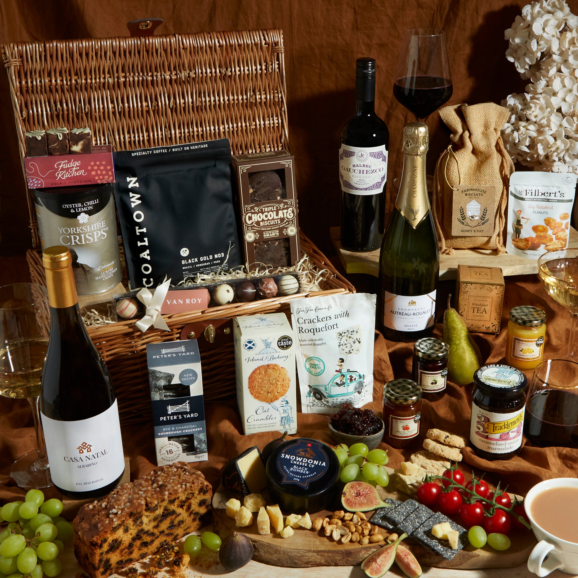 Close up of products in The Regency Hamper, a luxury gift hamper from hampers.com UK