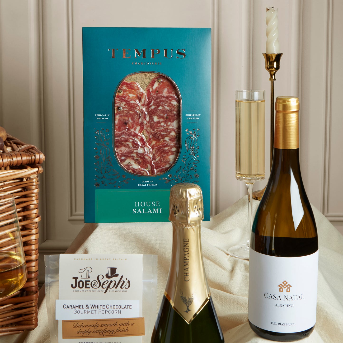 Close up of products in The Deluxe Food & Wine Gift Hamper, a luxury gift hamper from hampers.com