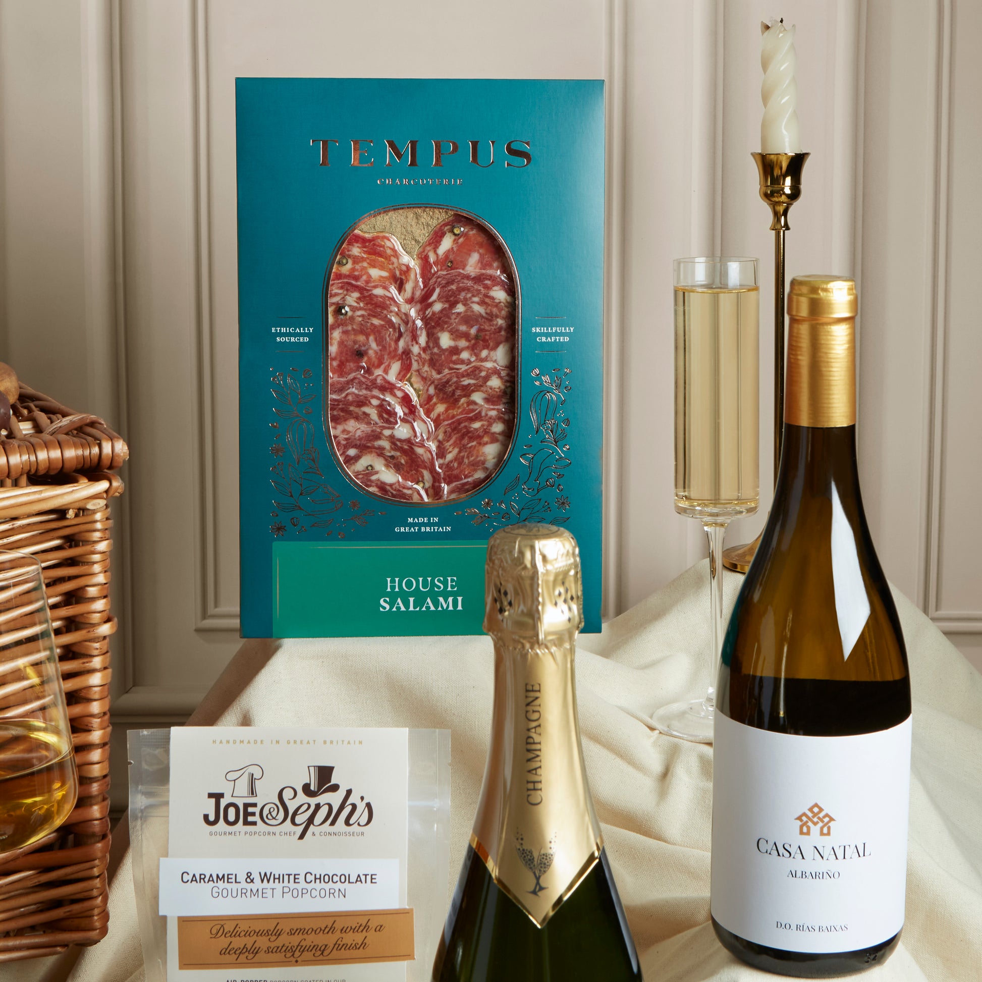 Close up of products in The Deluxe Food & Wine Gift Hamper, a luxury gift hamper from hampers.com
