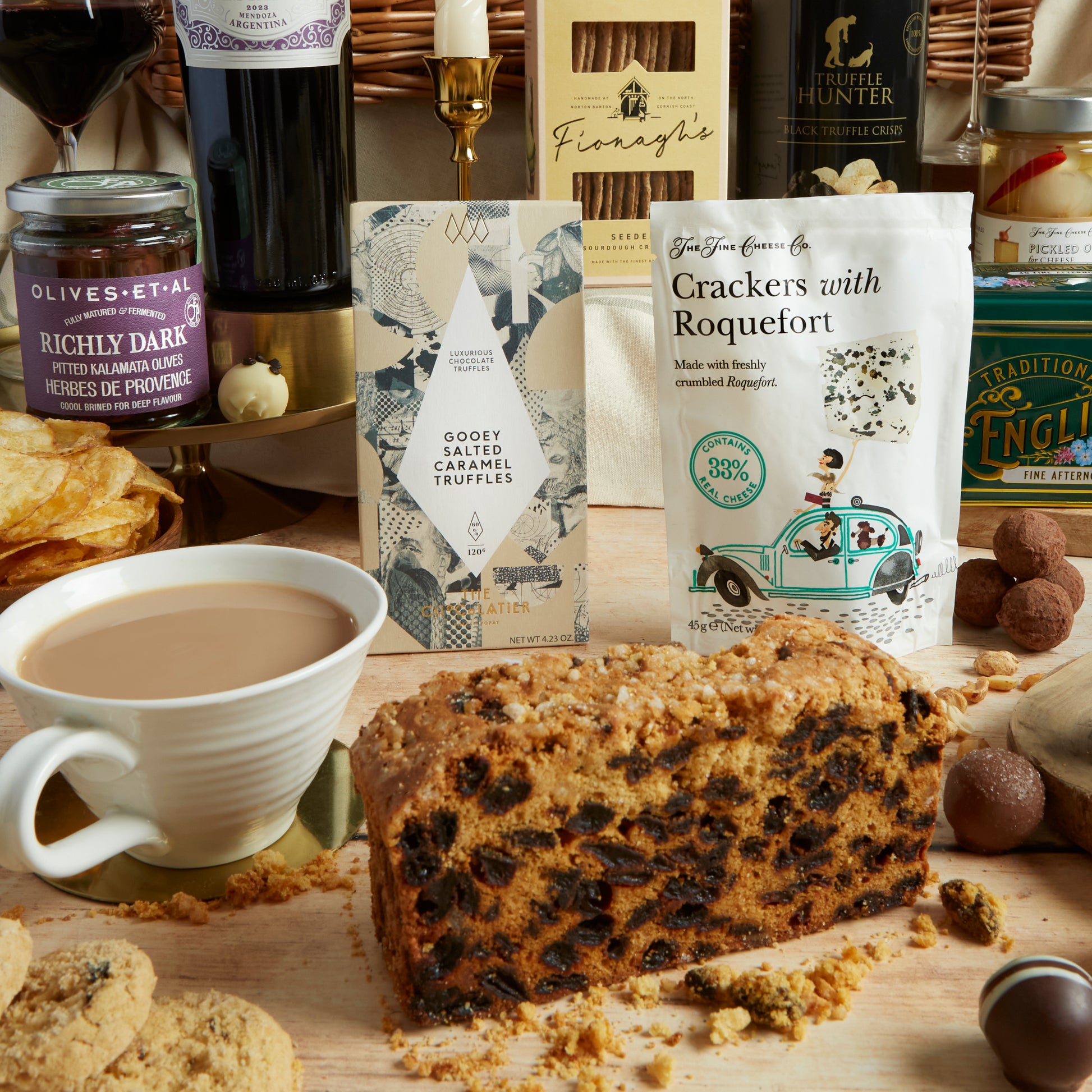 Close up of products in The Deluxe Food & Wine Gift Hamper, a luxury gift hamper from hampers.com