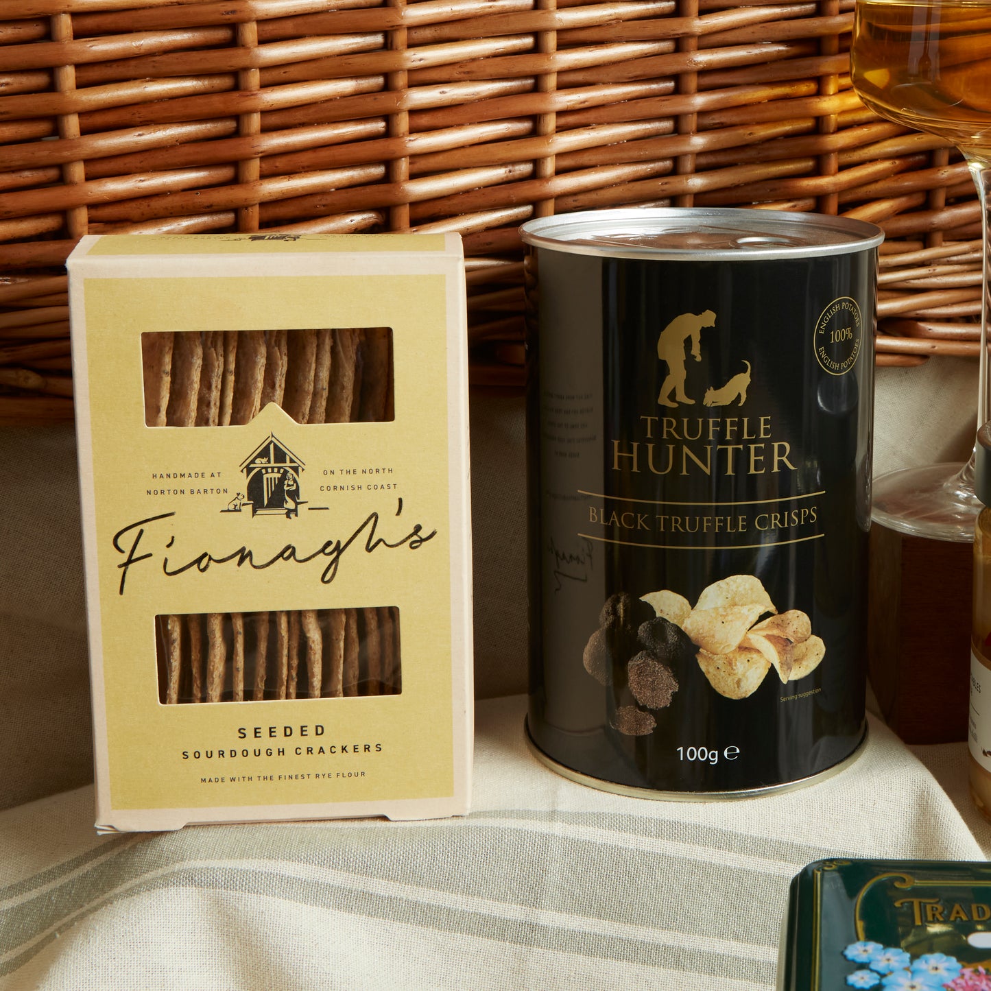 Close up of products in The Deluxe Food & Wine Gift Hamper, a luxury gift hamper from hampers.com