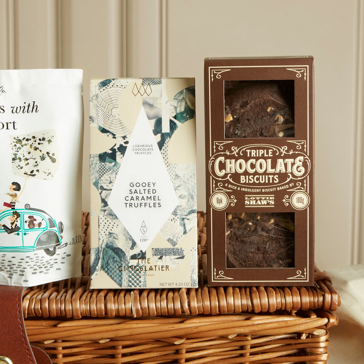 Close up of products in The Grand Food & Wine Hamper, a luxury gift hamper from hampers.com UK