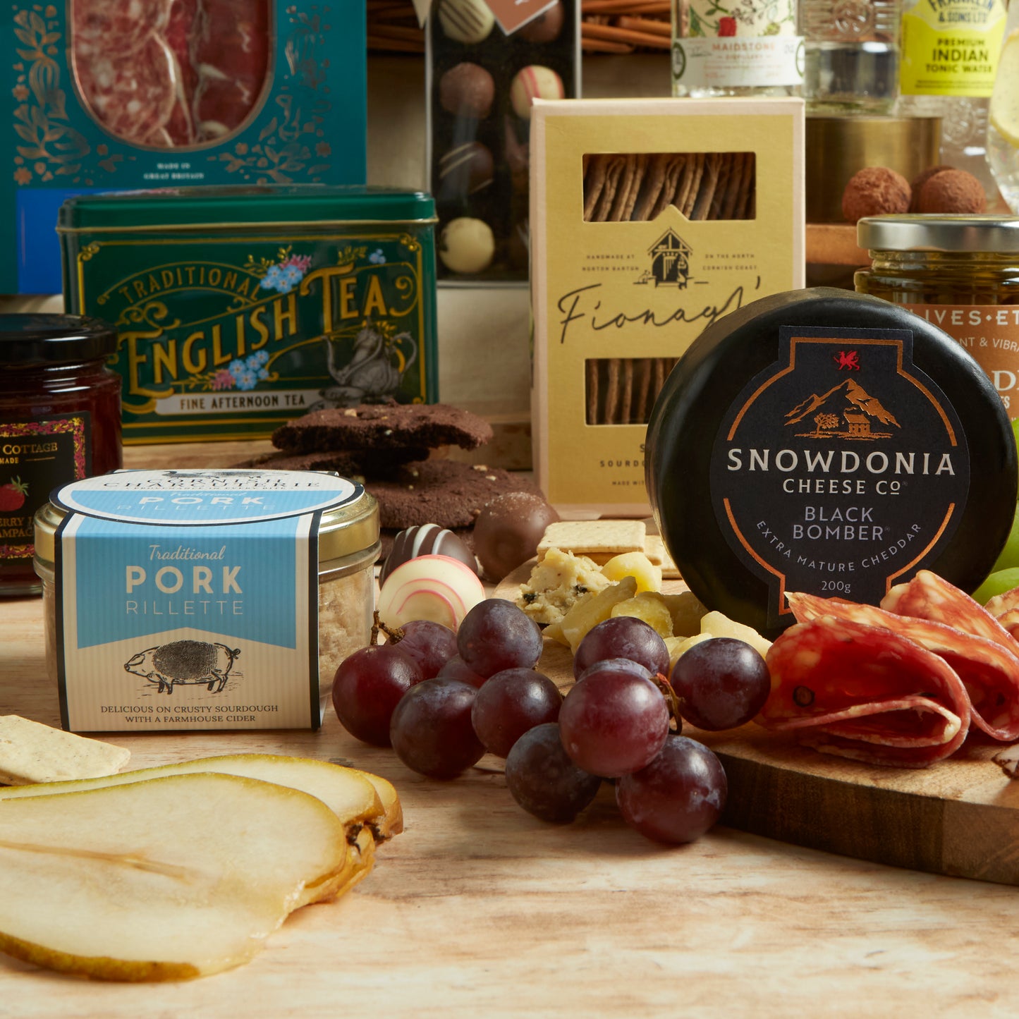 Close up of products in The Grand Food & Wine Hamper, a luxury gift hamper from hampers.com UK