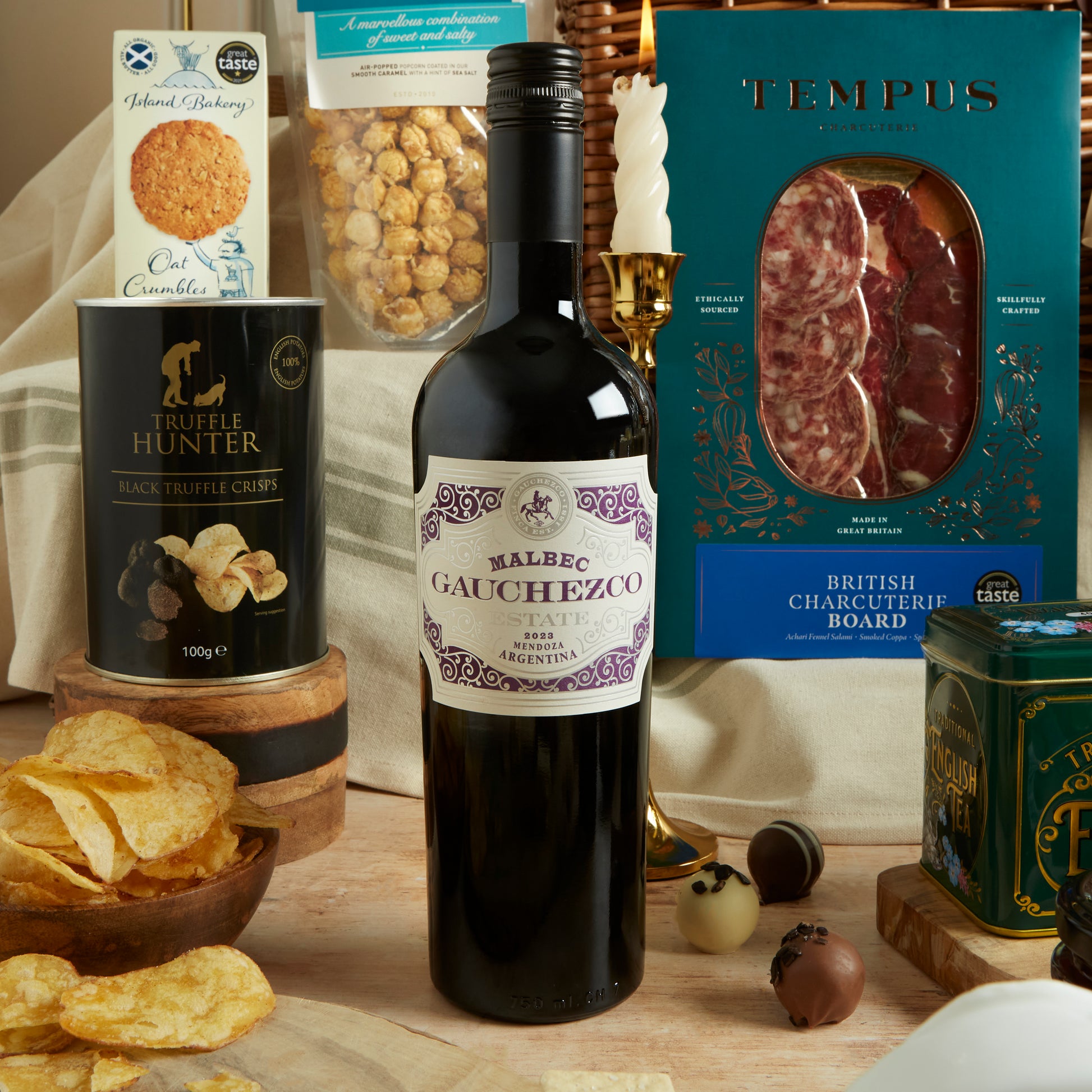 Close up of products in The Grand Food & Wine Hamper, a luxury gift hamper from hampers.com UK