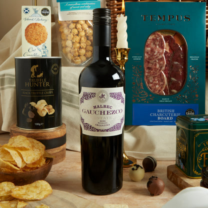 Close up of products in The Grand Food & Wine Hamper, a luxury gift hamper from hampers.com UK
