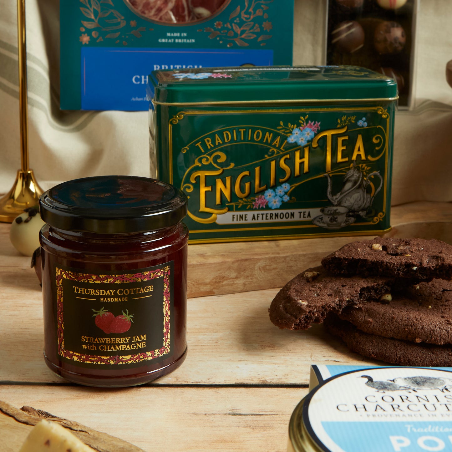 Close up of products in The Grand Food & Wine Hamper, a luxury gift hamper from hampers.com UK