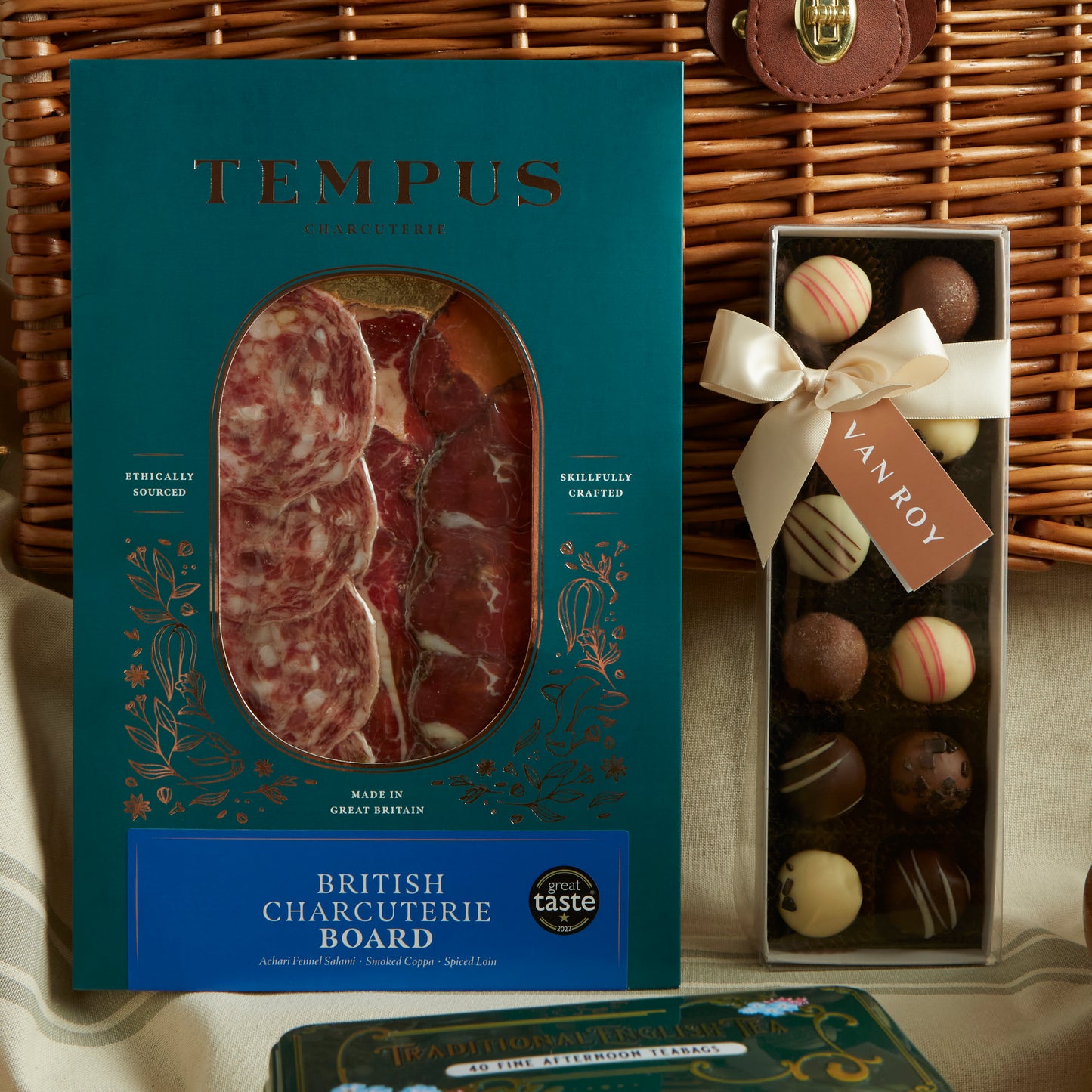 Close up of products in The Grand Food & Wine Hamper, a luxury gift hamper from hampers.com UK