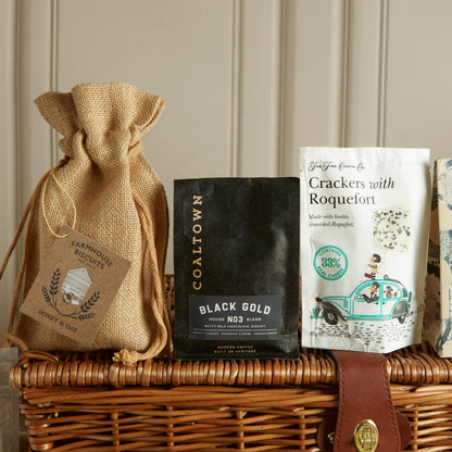 Close up of products in The Grand Food & Wine Hamper, a luxury gift hamper from hampers.com UK