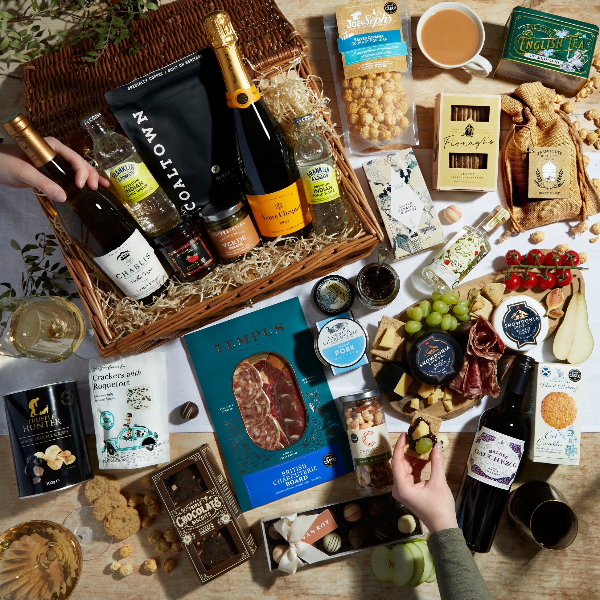 Close up of products in The Grand Food & Wine Hamper, a luxury gift hamper from hampers.com UK