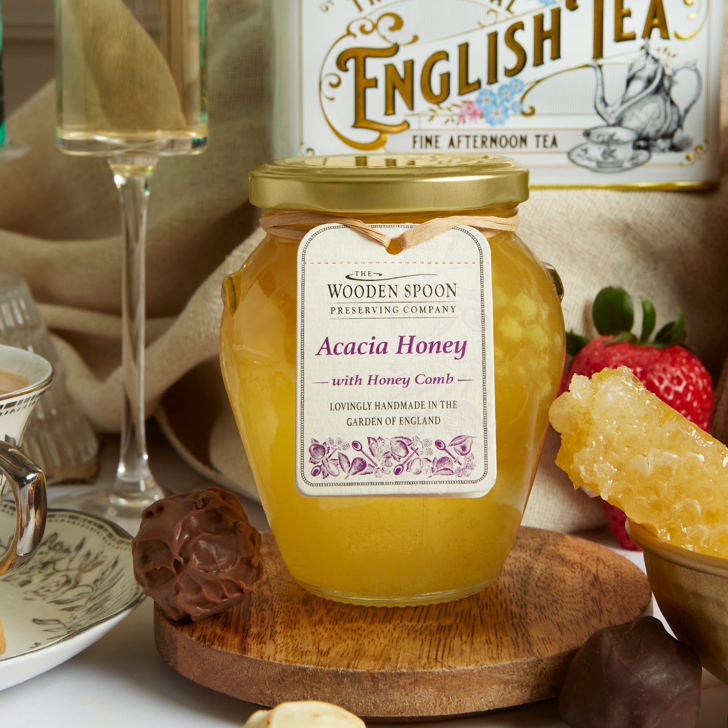 Close up of products in The Champagne Celebration Hamper, a luxury gift hamper from hampers.com UK