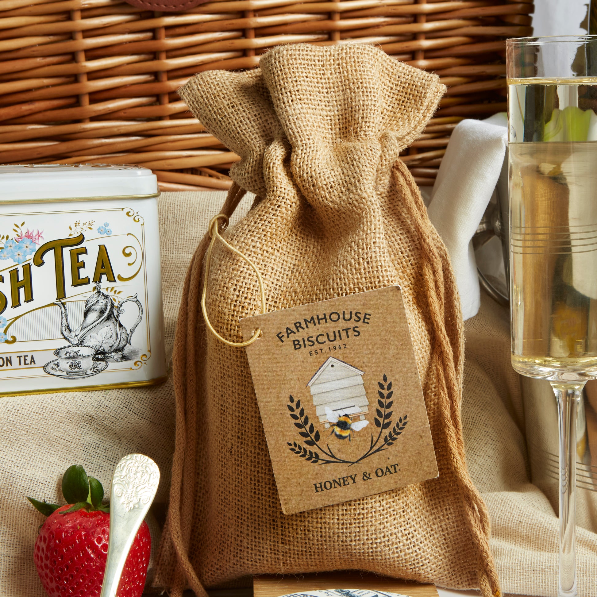 Close up of products in The Champagne Celebration Hamper, a luxury gift hamper from hampers.com UK