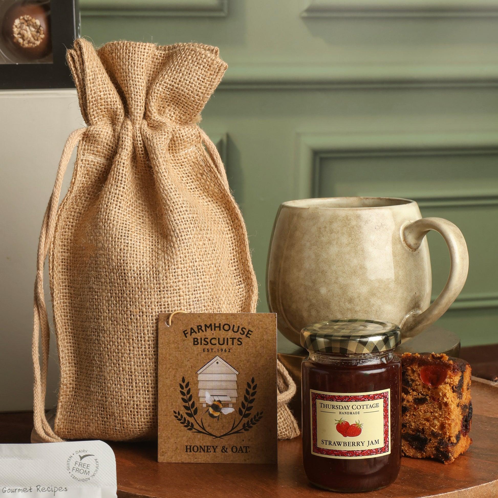 Close up of products in Traditional Treats Hamper, a luxury gift hamper from hampers.com UK