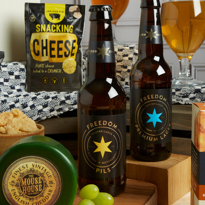 Close up of products in Craft Beer and Cheese Hamper, a luxury gift hamper from hampers.com UK
