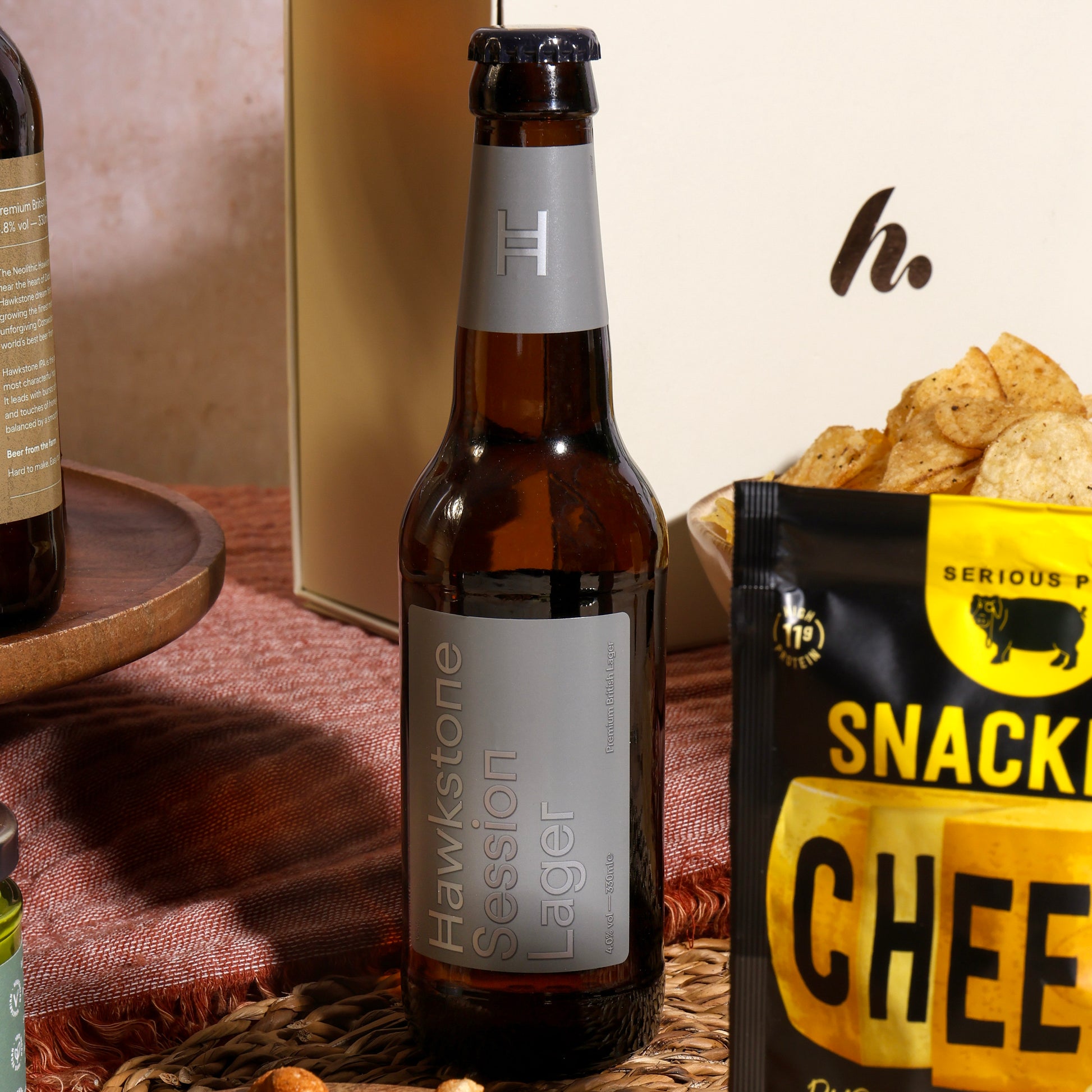 Close up of products in Hawkstone Luxury Beer Hamper, a luxury gift hamper from hampers.com UK