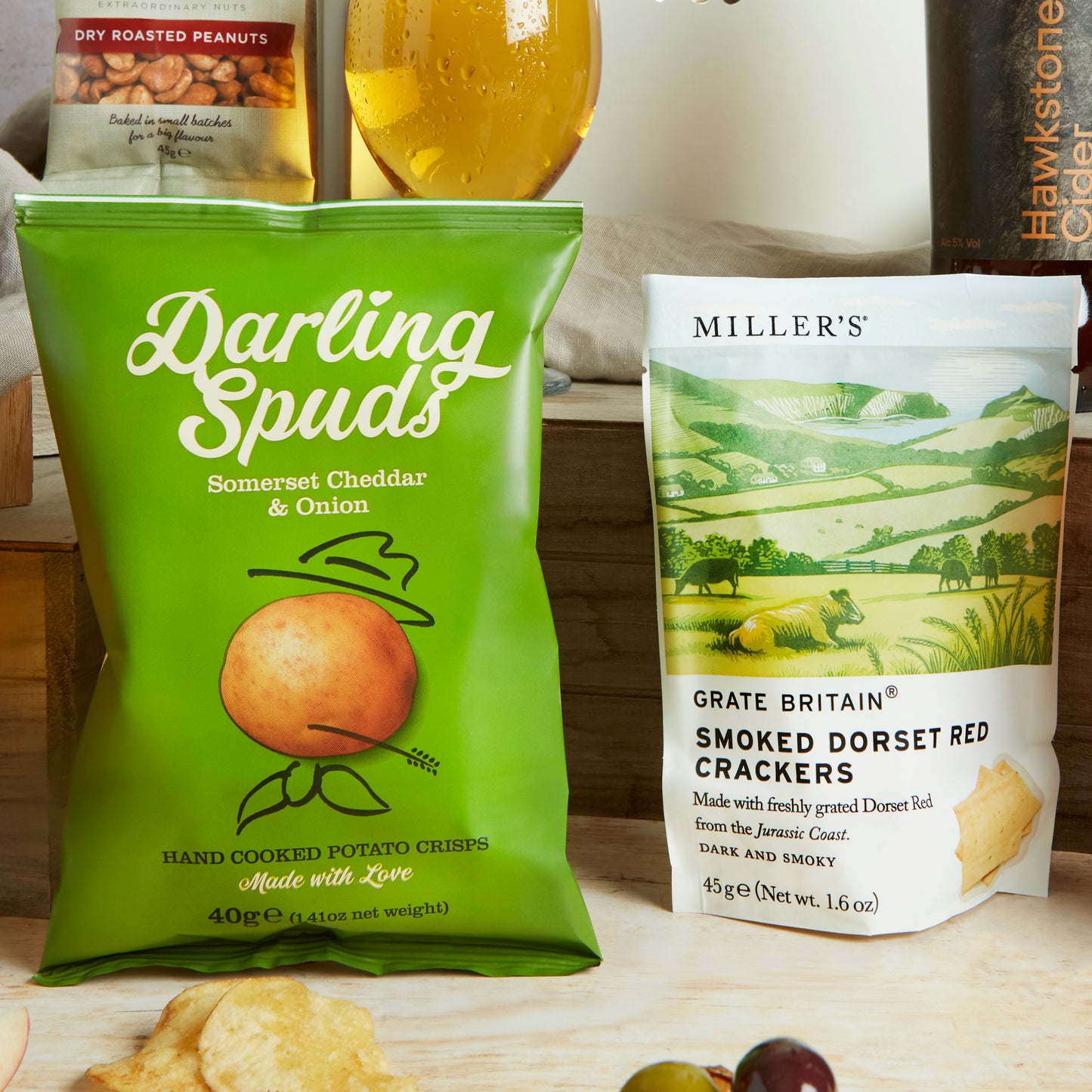 Close up of products in The Hawkstone Cider Hamper, a luxury gift hamper from hampers.com UK