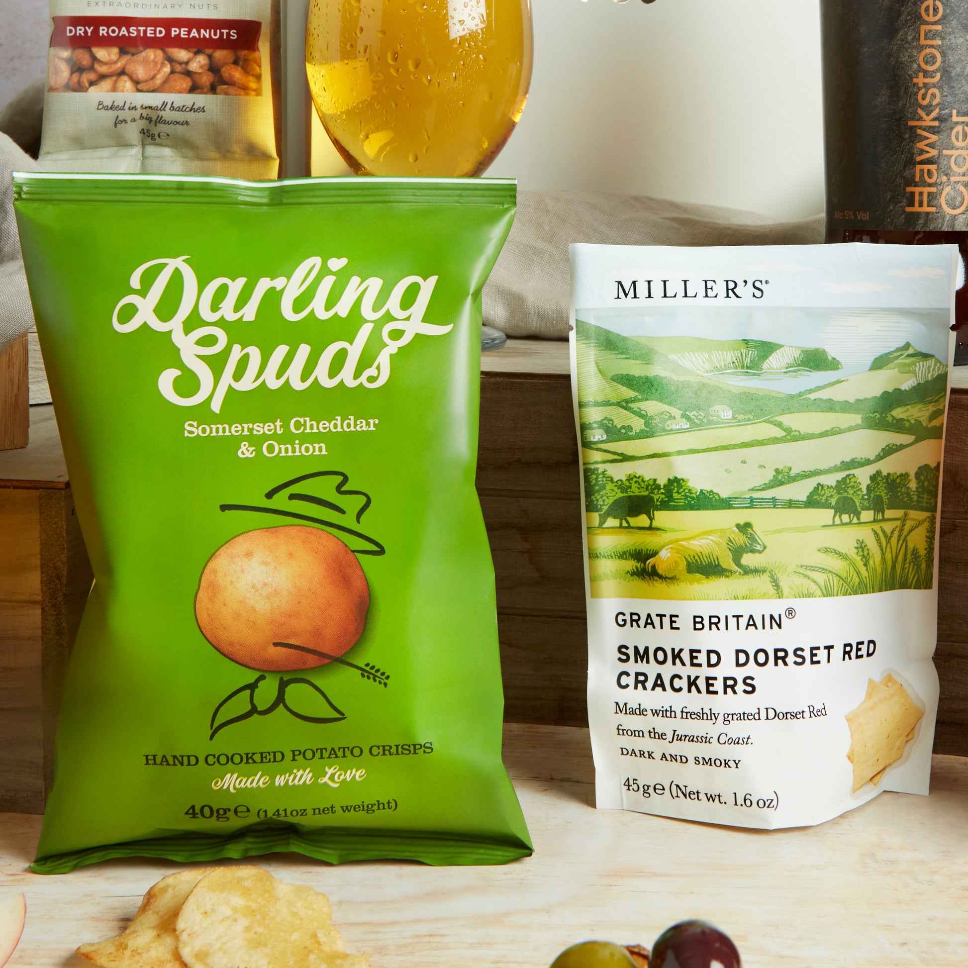 Close up of products in The Hawkstone Cider Hamper, a luxury gift hamper from hampers.com UK