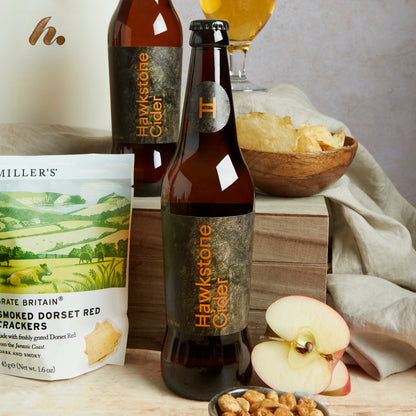 Close up of products in The Hawkstone Cider Hamper, a luxury gift hamper from hampers.com UK