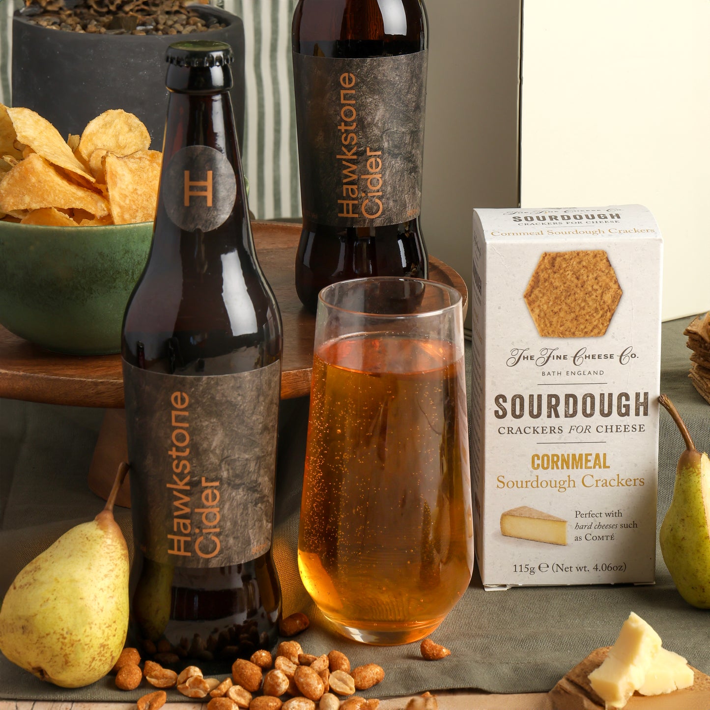 Close up of products in the Hawkstone Cider & Cheese Hamper, a luxury gift hamper from hampers.com UK