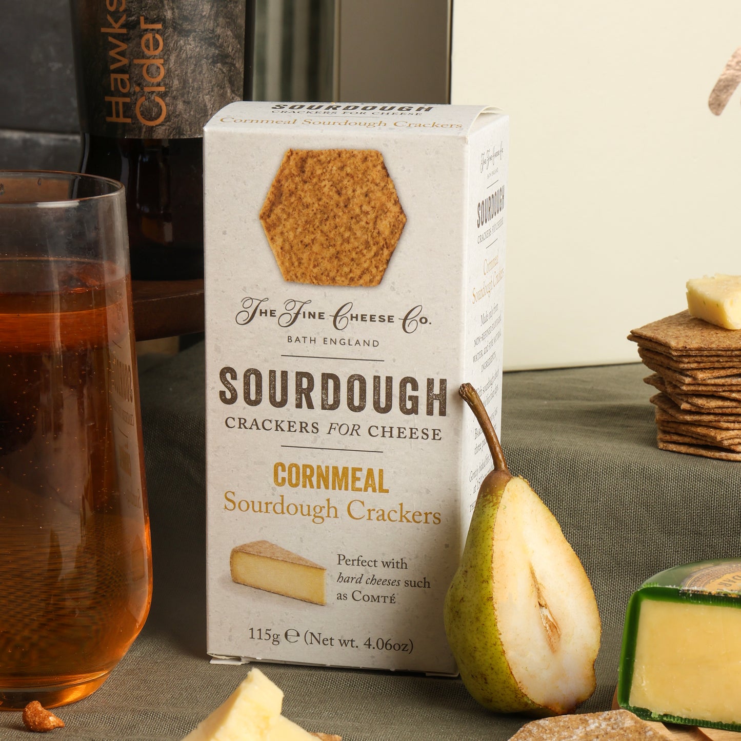 Close up of products in the Hawkstone Cider & Cheese Hamper, a luxury gift hamper from hampers.com UK