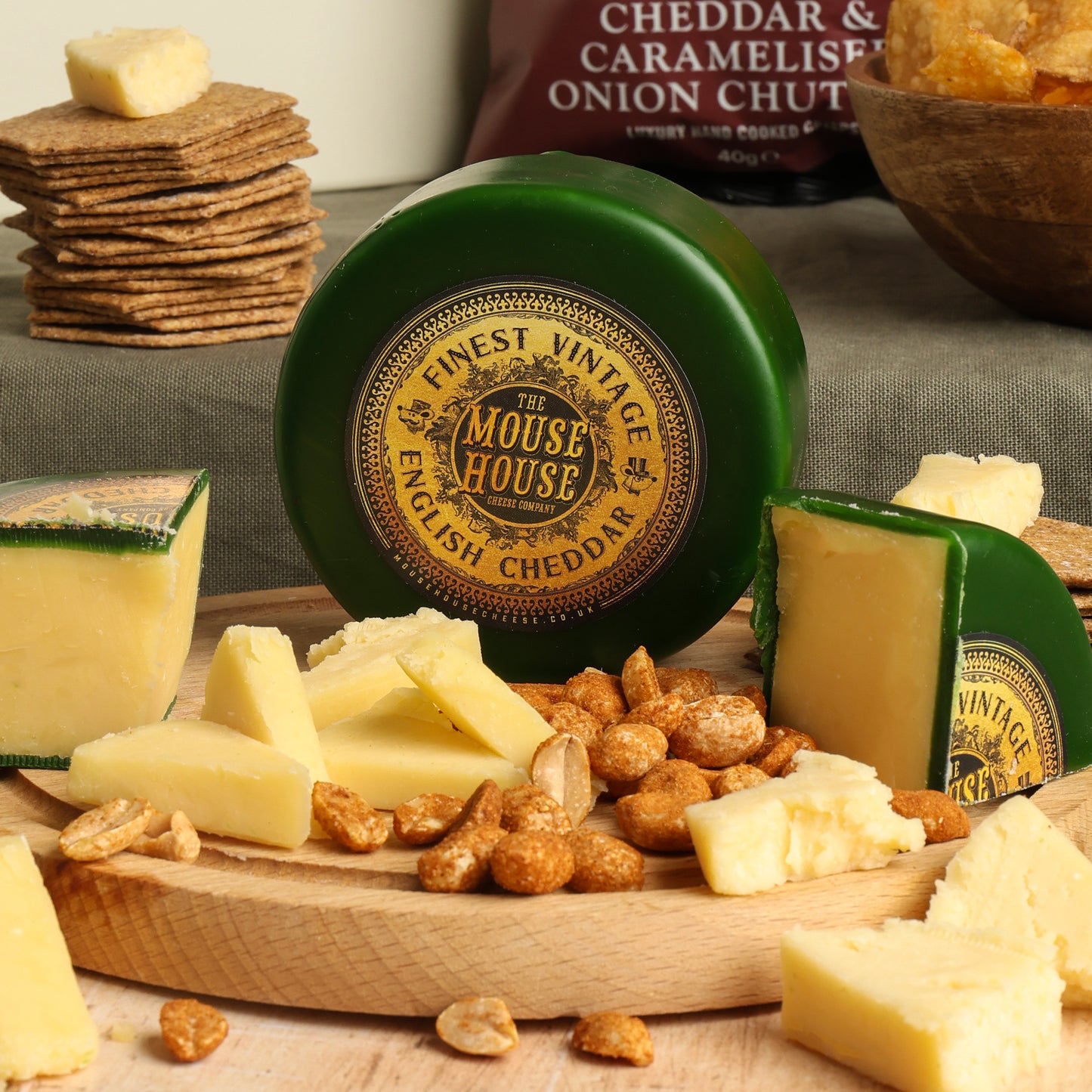 Close up of products in the Hawkstone Cider & Cheese Hamper, a luxury gift hamper from hampers.com UK