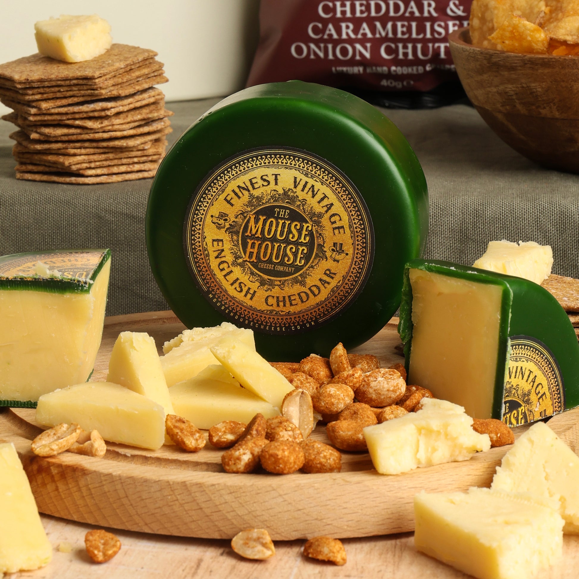 Close up of products in the Hawkstone Cider & Cheese Hamper, a luxury gift hamper from hampers.com UK