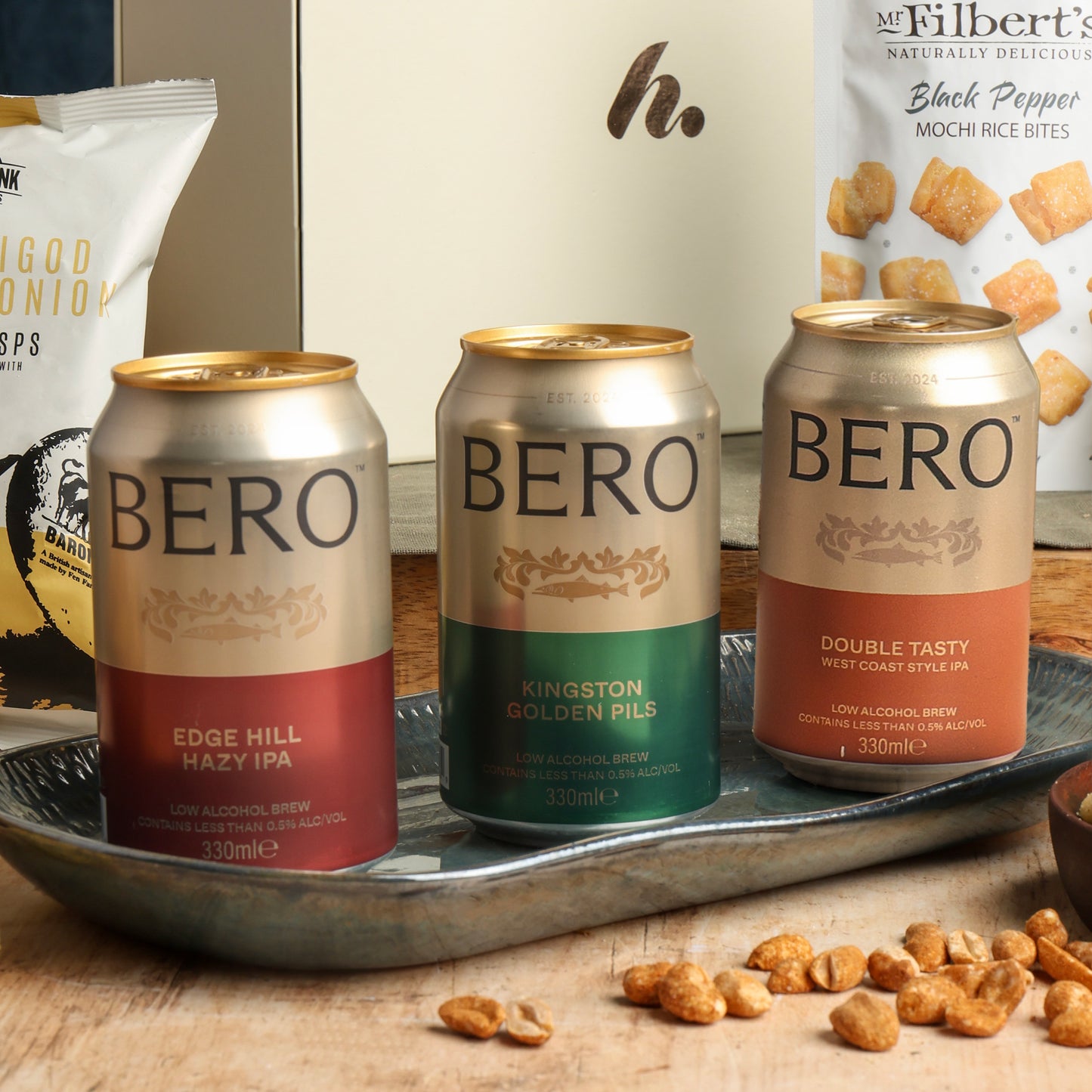Close up of products in Non Alcoholic Beer & Snacks Hamper, a luxury gift hamper from hampers.com UK