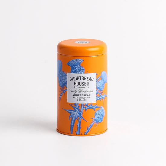 A tin of Shortbread House of Edinburgh shortbread with chocolate and orange.
