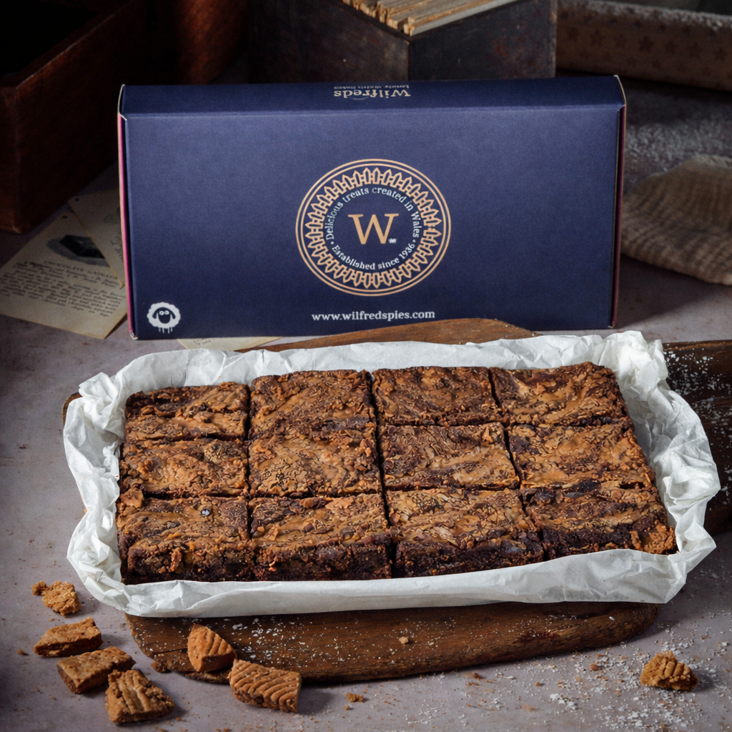 Box of Biscoff® and Belgian chocolate brownies made by Wilfreds, displayed on parchment paper resting on a wooden serving board, with a gift box standing behind.