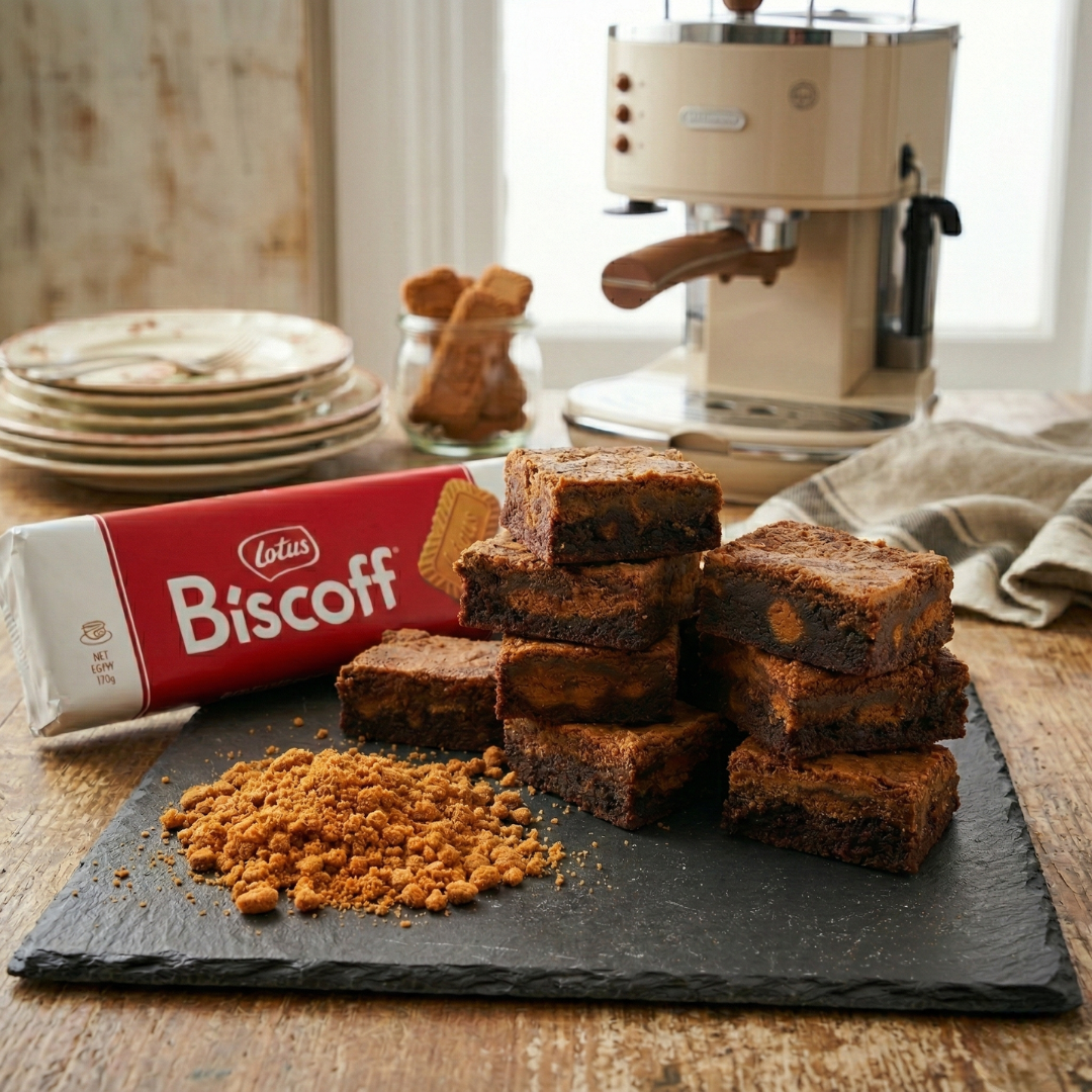 Biscoff® and chocolate brownies stacked on a slate board with a packet of Lotus Biscoff® biscuits and a coffee machine in the background.