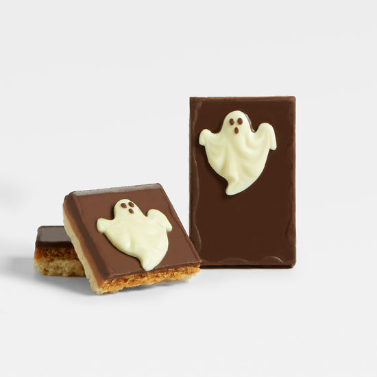 Halloween-Inspired Ghost Chocolate Orange Millionaire's Shortbread by Yorkshire Flapjack