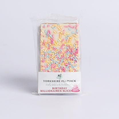 Image of 80g Birthday Millionaires Shortbread Slice by Yorkshire Flapjack, part of luxury gift hampers from hampers.com UK