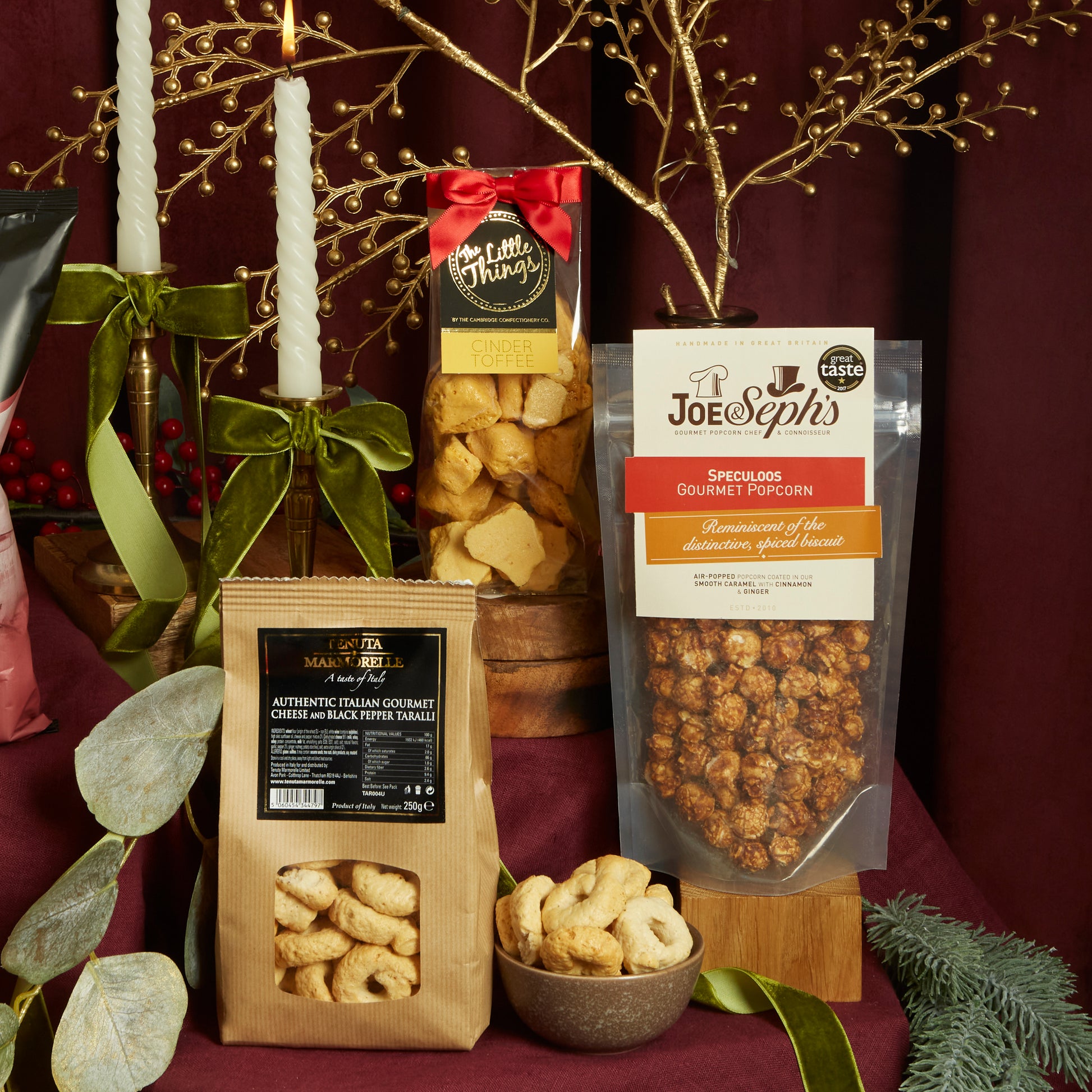 The Little Things Cinder Toffee, Joe & Seph's Speculoos Popcorn & Italian Taralli 