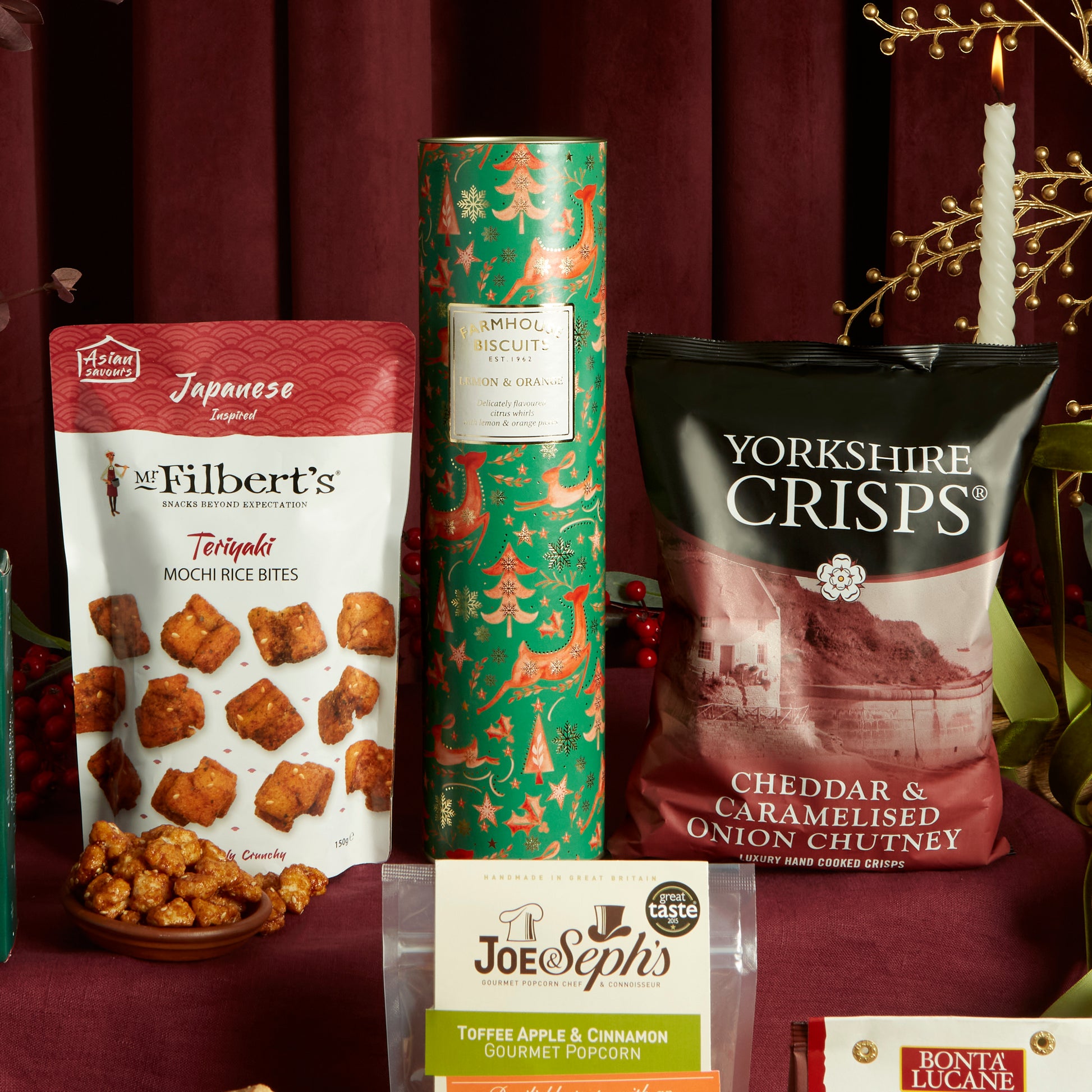 Mr Filbert's Teriyaki Mochi Bites, Yorkshire Crisps & Luxury Farmhouse Biscuit Tin 