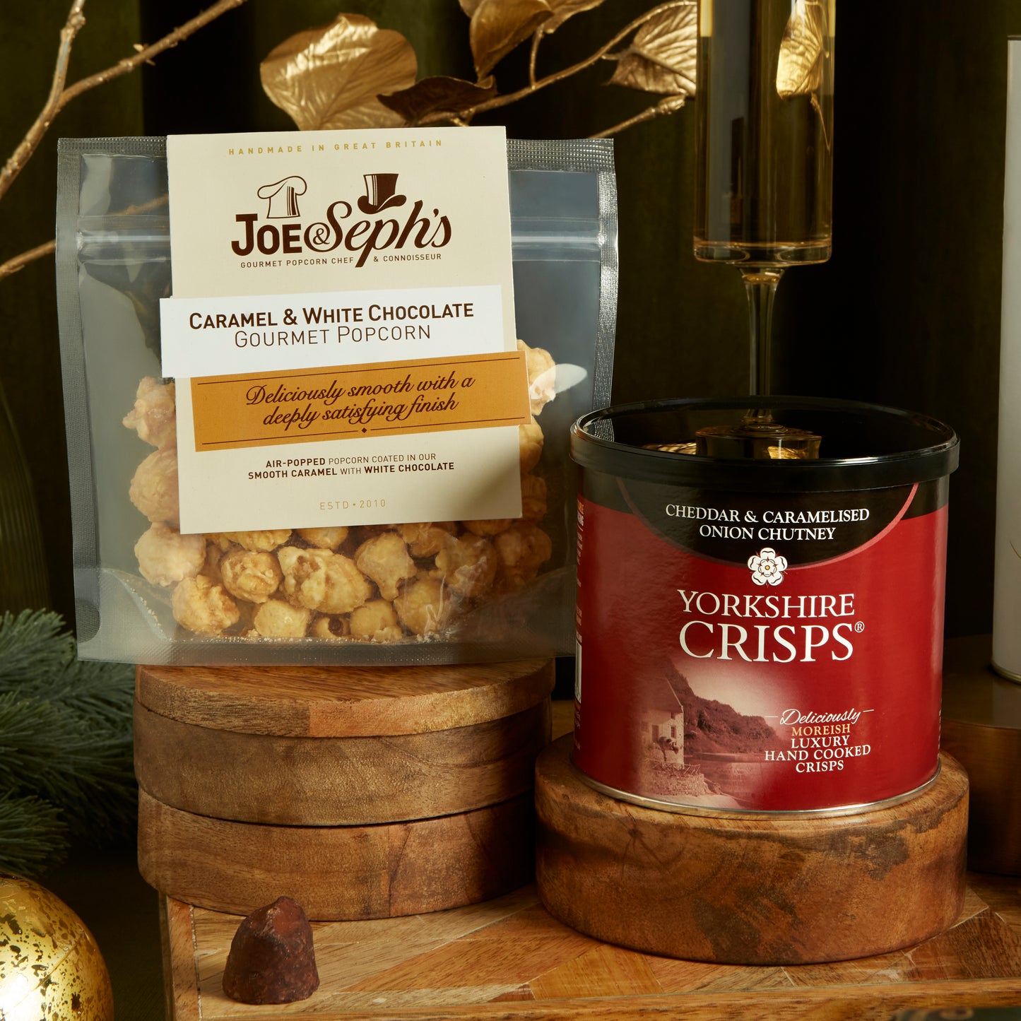 Joe & Seph's Gourmet White Chocolate Popcorn & Cheddar and Onion Yorkshire Crisps