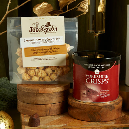 Joe & Seph's Gourmet White Chocolate Popcorn & Cheddar and Onion Yorkshire Crisps