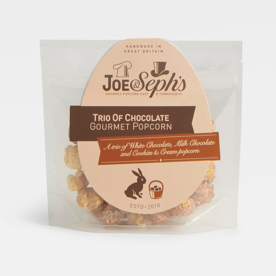 Image of  32g Easter Trio of Chocolate Gourmet Popcorn by Joe & Sephs, part of luxury gift hampers from hampers.com UK