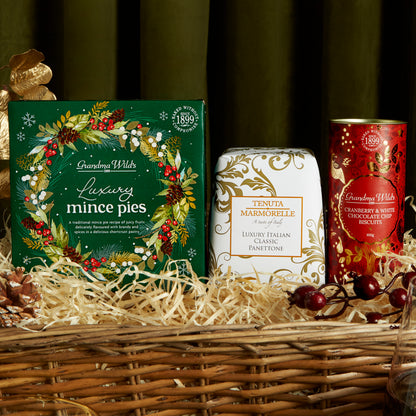 Luxury Mince Pies, Italian Panettone & Festive White Chocolate Biscuits for Christmas