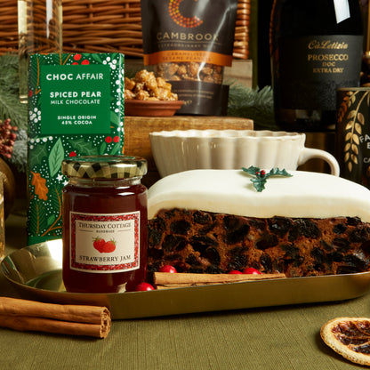 Christmas Hamper Full of Seasonal Snacks Treats Like Iced Fruit Cake, choc Affair Chocolate & Homemade Jam 