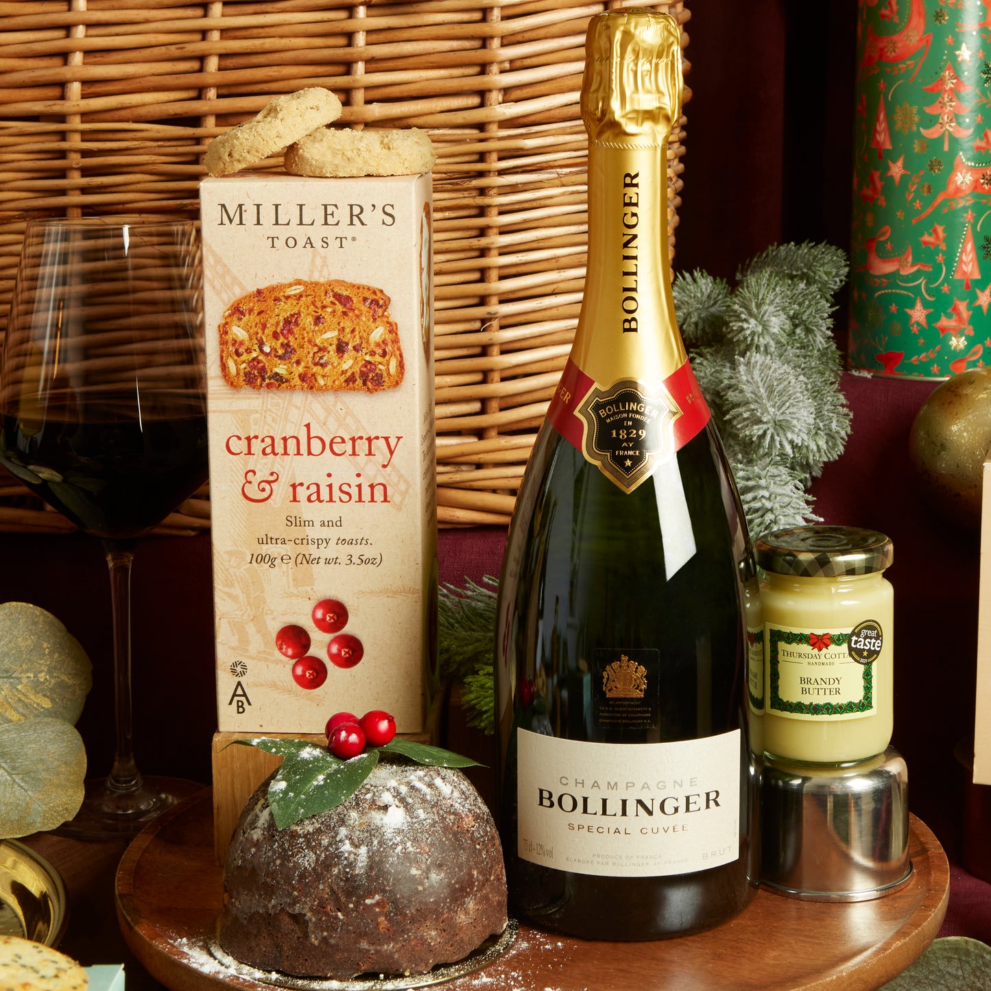 Bollinger Champagne, a Jar of Real Brandy Butter & Miller's Festive Toasts