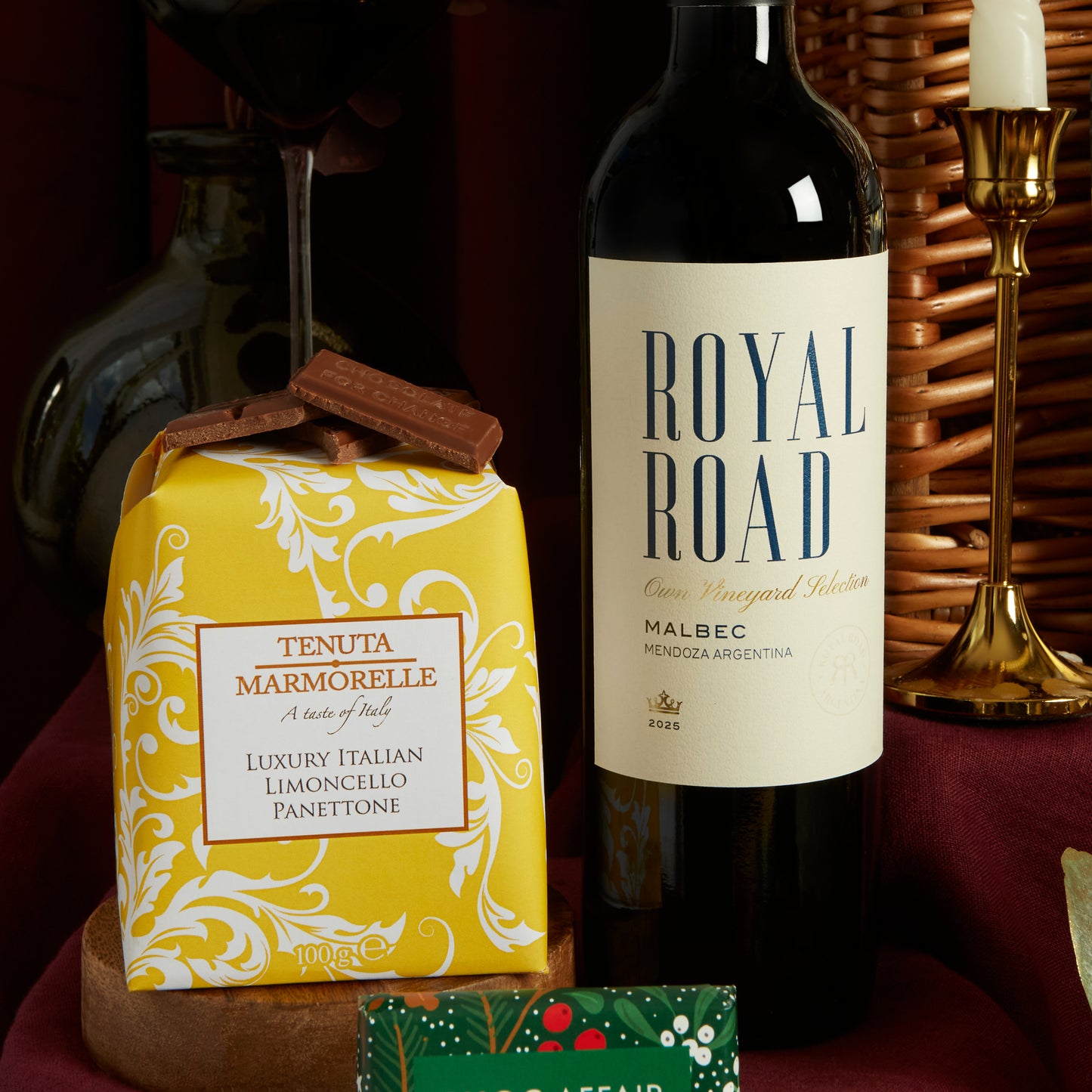 Limoncello panettone and premium royal road malbec red wine hamper