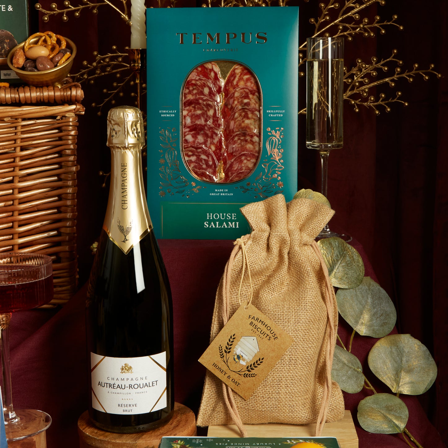 Luxury champagne and tempus charcuterie festive hamper