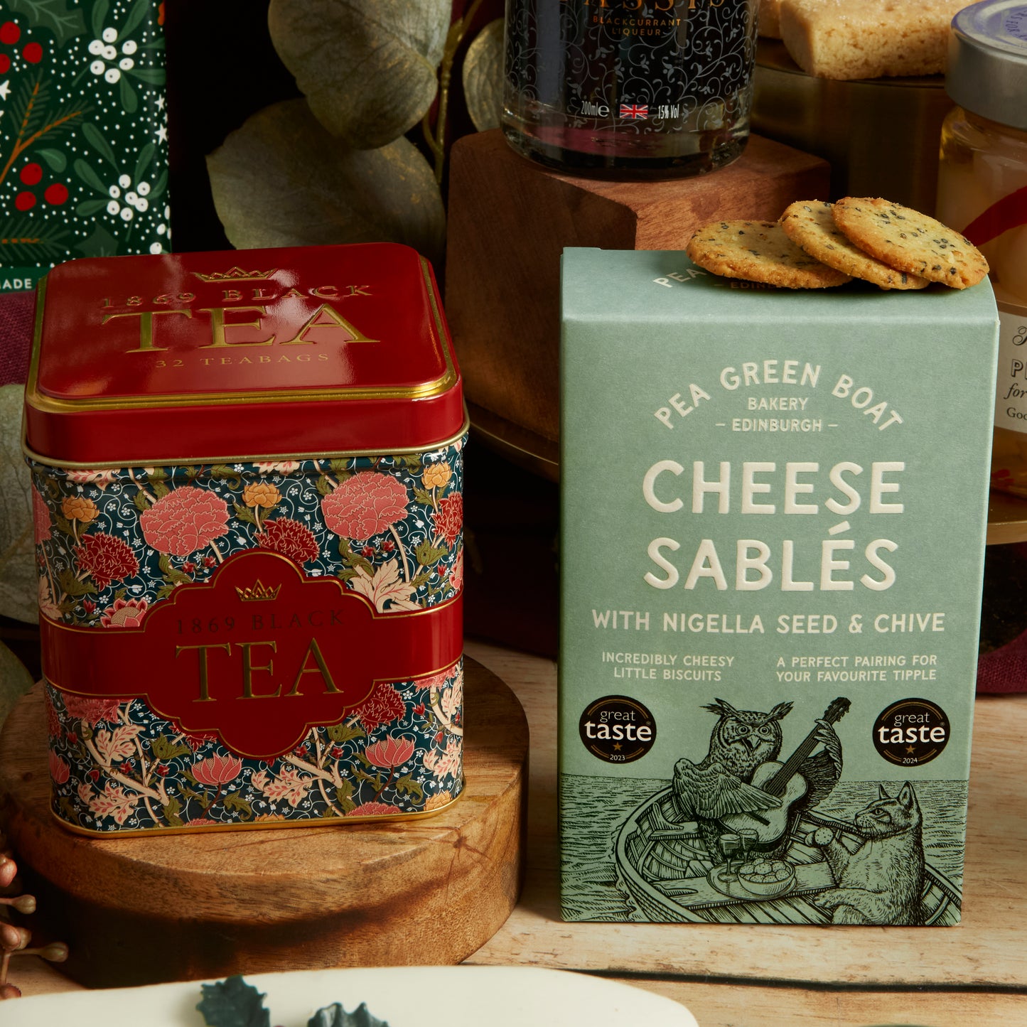Pea Green Boar Cheese Sables Snacks and Premium English Breakfast Tea