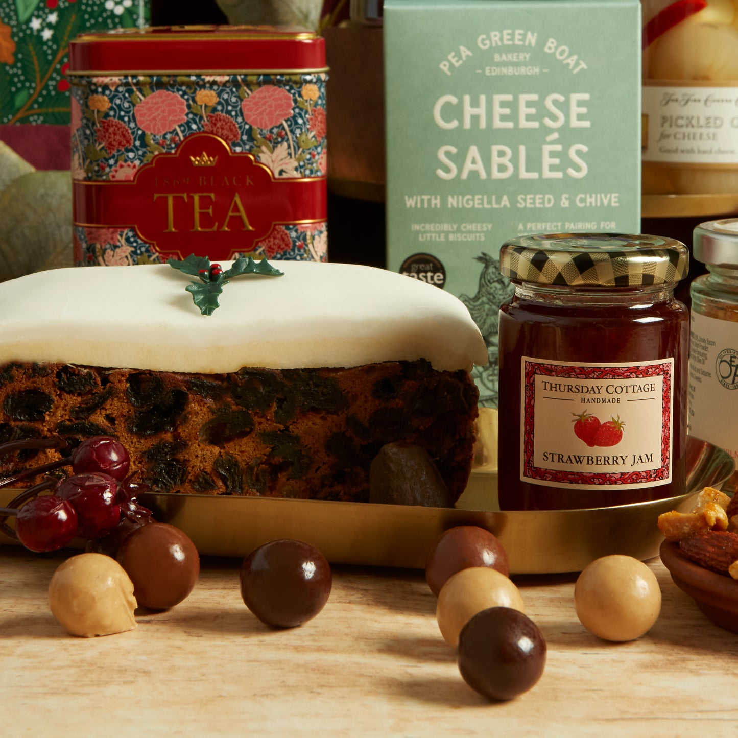 Handmade Strawberry jam and fruity, Christmas spiced cake 
