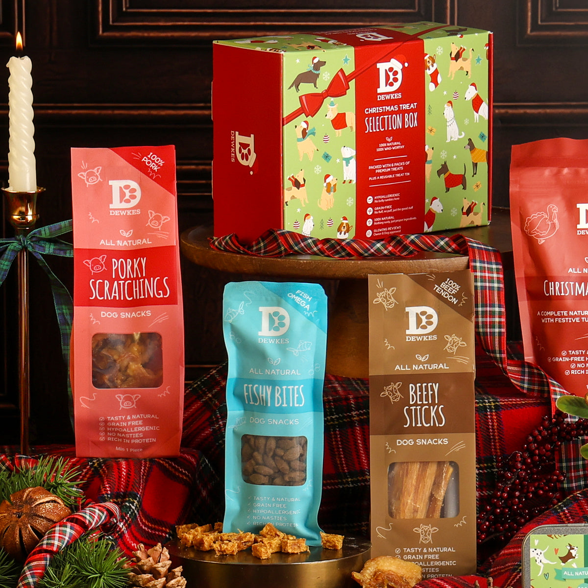 Christmas Dog Selection Gift Box, showing Porky Scratchings, Fishy Bites and other treats.