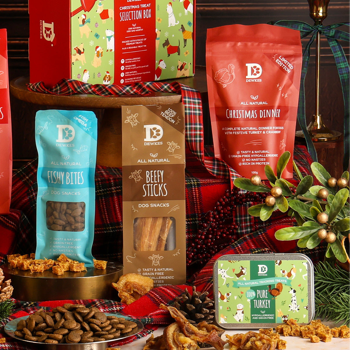 Christmas Dog Selection Gift Box, showing a selection of festive natural treats for dogs.