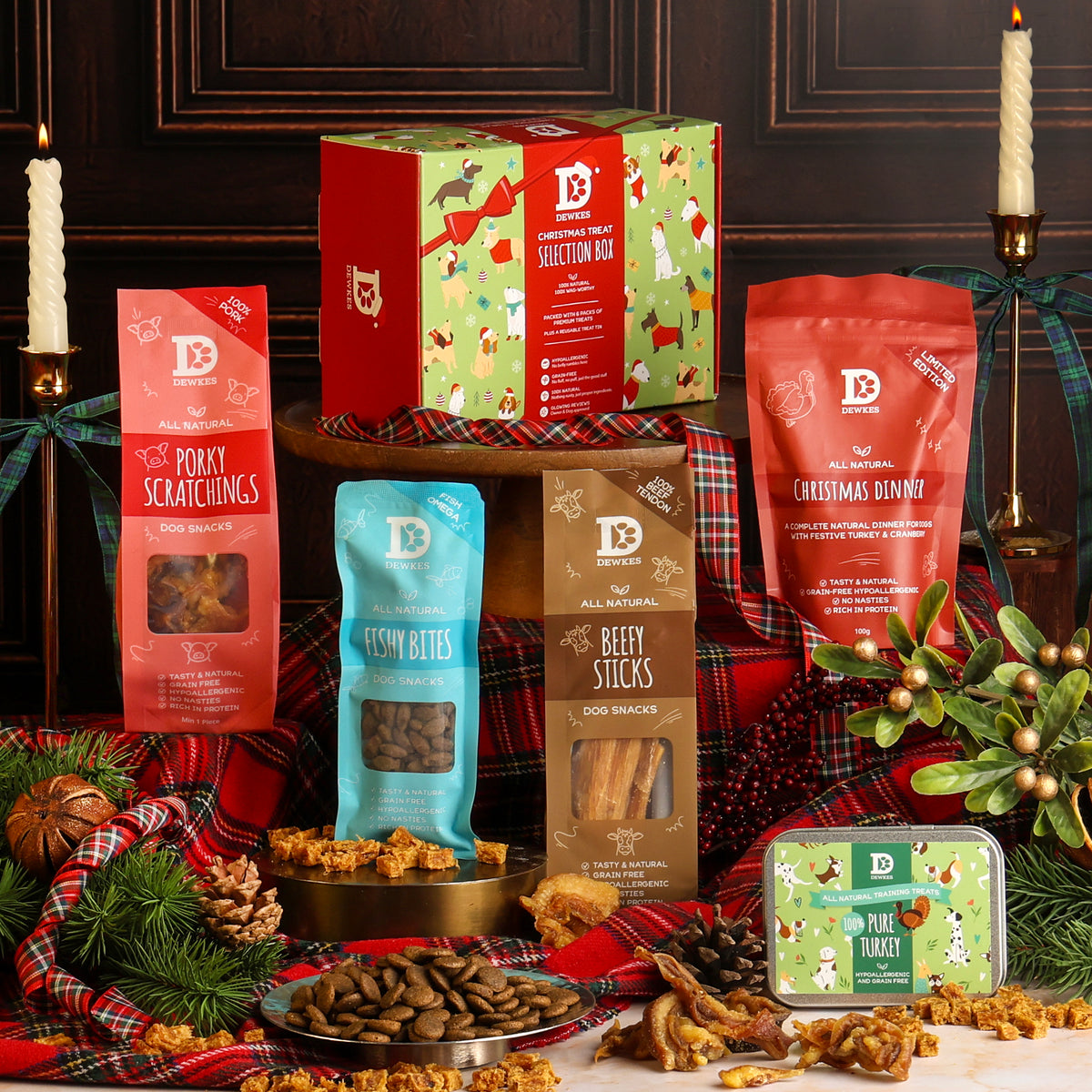 Christmas Dog Selection Gift Box, with festive treats for dogs displayed.