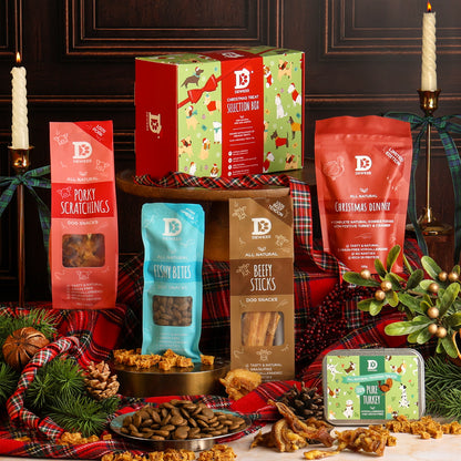 Christmas Dog Selection Gift Box, with festive treats for dogs displayed.